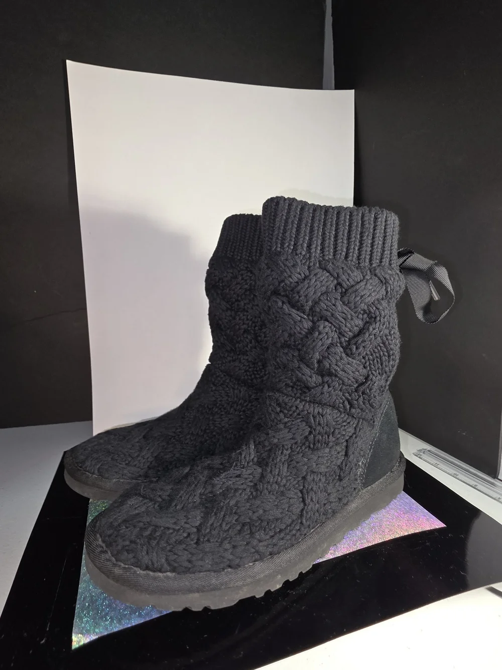 UGG Australia Isla Black Cable Knit Mid-Calf Winter Boots Size 6